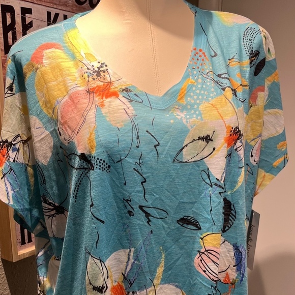 large blouse cap sleeve spring floral teal pattern nwt jess and Jane top - Picture 6 of 12
